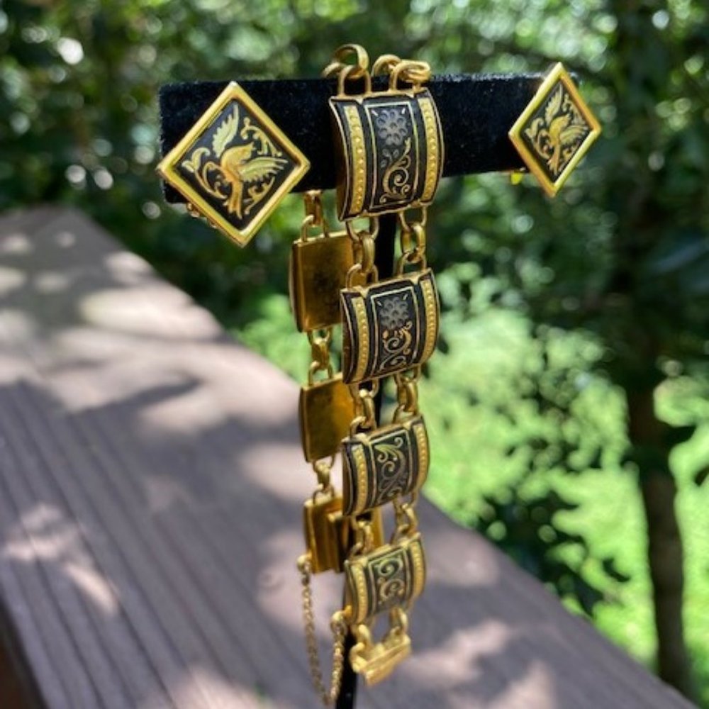 VTG Spanish Damascene Square Gold Link Bracelet and Earrings SET